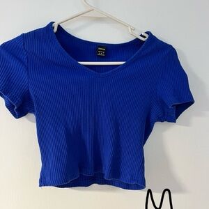 Blue V-Neck Ribbed Top